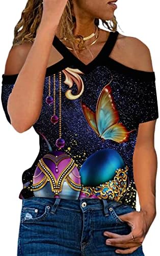 Camiseta superior para mulheres Fall Summer Summer Manga curta algodão V pescoço backless halter lounge gráfico Halter