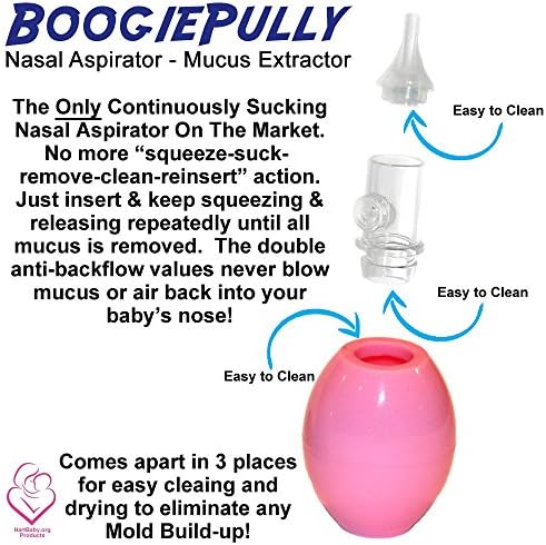 Aspirador nasal do bebê boogiepully. Cleolable e reutilizável. O sistema de válvula de fluxo anti-Back nunca sopra o muco de volta no nariz do seu bebê com aperto contínuo.