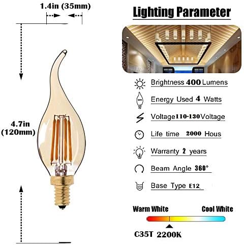 Iluminação lxcom Dimmível E12 LED Candelabra Filamento Bulbo 4W Bulbos de vela 40W C35 Bulbos de lustres antigos Amber