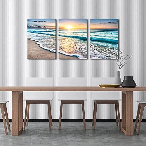 WIECO ART 3 painéis Blue Beach Sunrise White Wave Pictures On Canvas Wall Art Modern Streleded and emoldurado Tela do mar Prinha