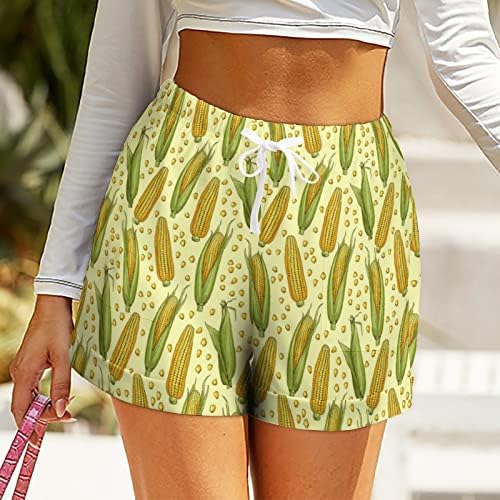 Padrão de milho amarelo shorts femininos de cintura alta impressão casual calça curta praia brechas com bolsos