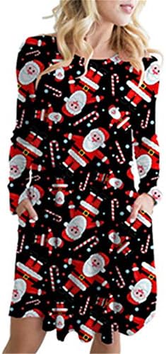 ANDONGNYWELL Feminino de impressão de Natal redondo pescoço casual vestido midi natal vestidos estampados com bolsos