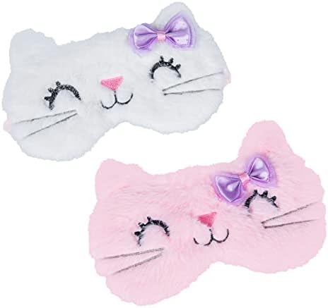 Dazaige 2 peças máscaras de dormir macias para dormir adorável desenho animado gato gatinho olho cegos máscara de sono capa para mulheres garotas garotas de avião em casa presentes de festas de festa noite dormindo, rosa+branco