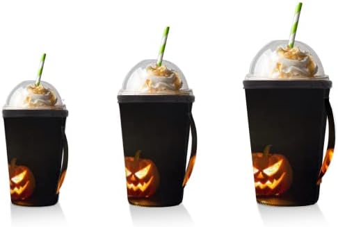 Halloween Pumpkin Lantern 70 Manga de café gelada reutilizável com manga de neoprene de alça para refrigerante, café com leite,