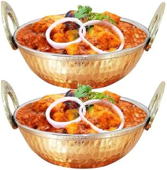 Conjunto Genx de 4, Indian Copper Servware Karahi Vegetable Dinner Bowl com alça para comida indiana, diâmetro 15 cm