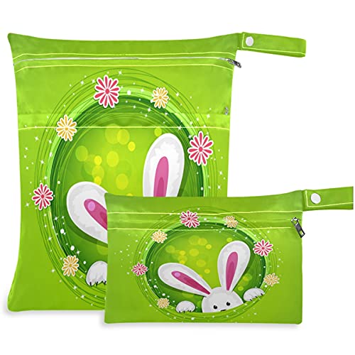 VISESUNNY BUNNY PEASTER Espiando o saco molhado de 2pcs com bolsos com zíper laváveis ​​reutilizáveis ​​para viajar, praia, piscina, creche, carrinho, fraldas, roupas de ginástica sujas, roupas de banho molhadas, produtos de higiene pessoal