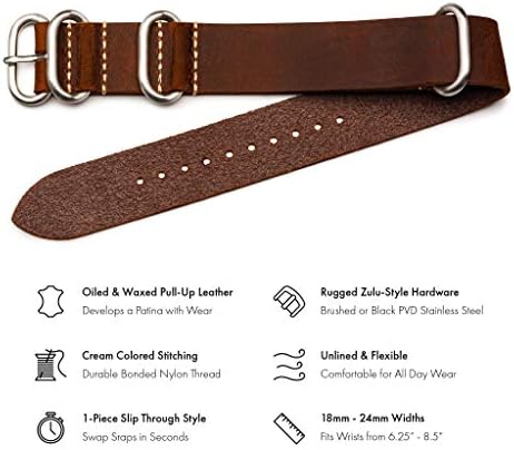 Benchmark Basics Leather Watch Band - Zulu Crazy Horse Horse oleado Couro de uma peça Militar de peças Strap - Escolha de cor e largura - 18 mm, 20mm, 22mm ou 24mm