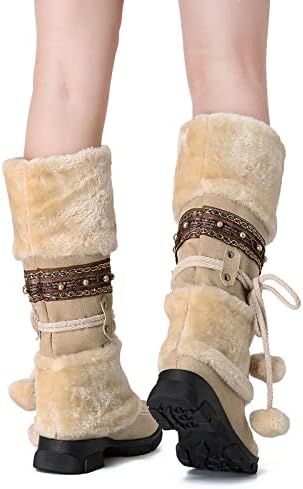 Botas de inverno feminino redondo de pé médio quente bola de cabelo retro garotas altas saltos escorregadores neve
