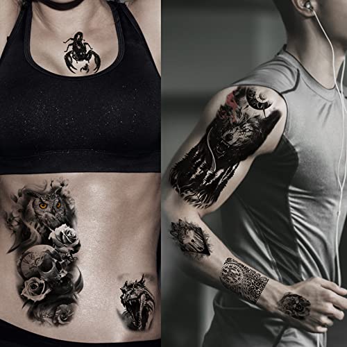 Jeefonna 42 Folhas Tatuagem Temporária para homens adultos incluem 12 folhas grandes tatuagens realistas pretas de meia manga Tatuagens temporárias, tatuagens de Halloween incluem adesivos de tatuagens falsas de Skoll Black Lion Wolf Skull Tattoos
