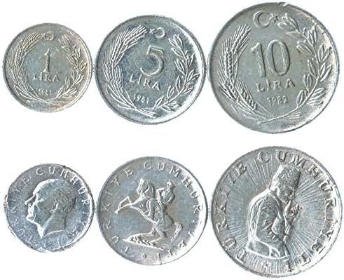 5 moedas da Turquia | Coleção de moedas turcas 5 10 25 50 100 LIRA | Circulado 1985-1989 | Mustafa Kemal Atatürk | Crescente