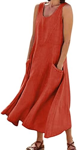 Vestido de verão casual feminino de himtak vestido de praia sem mangas de praia solta cor de cor sólida plissada longa vestido maxi com bolsos