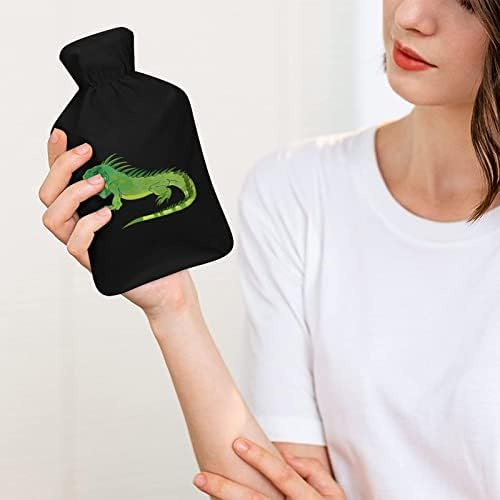 Iguana verde Injeção de borracha de garrafa de água quente com tampa de pelúcia quente para a cama Cólicas menstruais de dor 1 litro