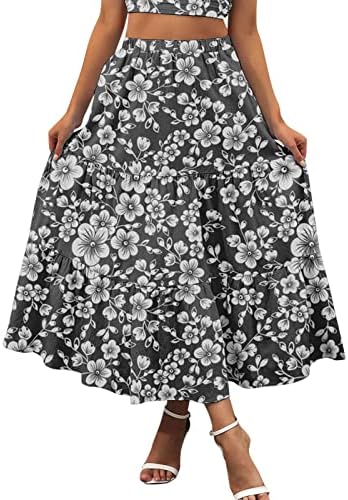 Salas casuais de verão Boho Midi Saias para mulheres plissadas de saia fluida Floral Print High Wistide Long Beach Skirt
