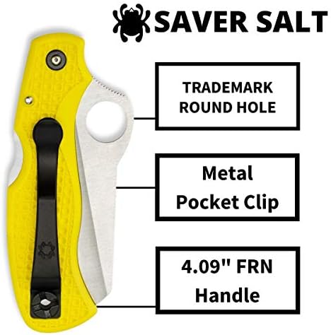 Faca de sal do Spyderco Saver com lâmina de aço inoxidável resistente à corrosão de 3,09 H -1 e alça de FRN amarelo leve -SpyderEdge