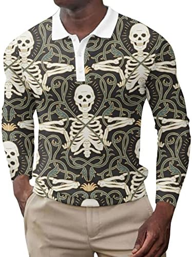 Xxbr halloween camisas de pólo para homens, engraçado gráfico de manga comprida Skeletton Pumpkin Henley Button Party