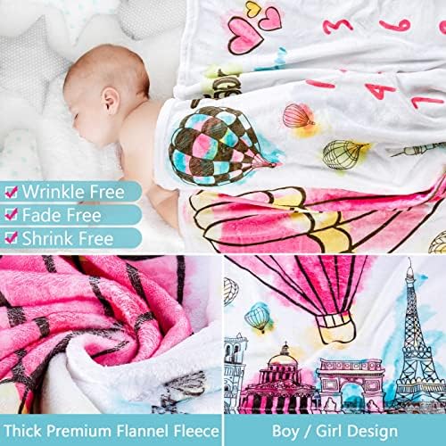 Cobertor de Milestone Sukoon para menino/menina | Grande - 47L x 40w | Inclui marcador de balão de ar quente e babador | Cobertor personalizado do mês de bebê para chá de bebê recém -nascido