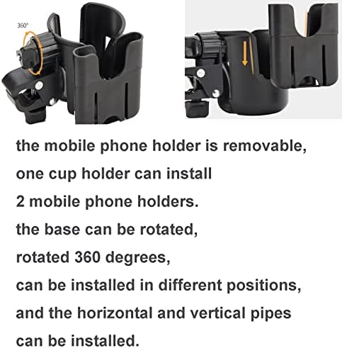 Porta -copo 2 em 1, suporte para carrinhos de carrinho, porta -copos de bicicleta, organizador de carrinho, suporte para carrinho de carrinho com suporte para celular, suporte de telefone de bebida 360 para a cadeira de rodas de bicicleta de bicicleta bicicleta