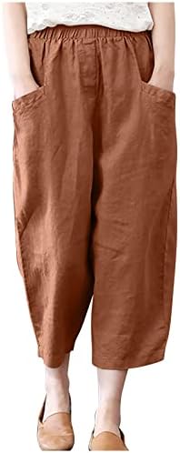 Calça de linho chgbmok para mulheres cant de lounge de capri com bolsos de cor algodão de cor sólida de calça de perna larga de