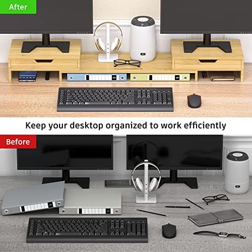 Riser de suporte de monitor duplo de elefação com comprimento e ângulo ajustáveis, riser de computador de bambu com 2 gavetas extras, organizador de mesa para laptop, computador sem montagem necessária