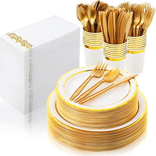 700 PCs Gold Disposable Dinnerware Conjunto 200 Placas de papel de ouro 100 xícaras de ouro de 100 guardanapos 300 talheres