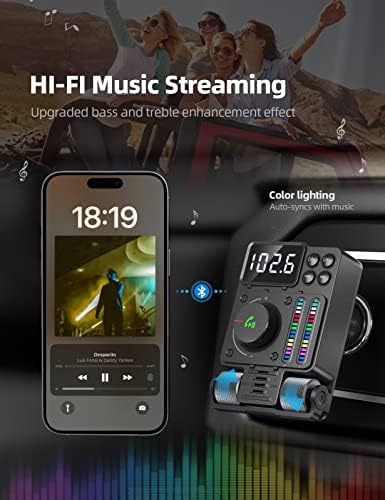 Nulaxy 2023 Atualizado o transmissor Bluetooth V5.3 FM Transmissor FM, Treble and Bass Ajustável Music Player, QC3.0 Carregador de carro Fast, para Mands Free Calls Assistant, para U Dish e Bluetooth- km34 preto