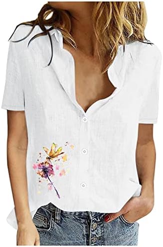 Camisas de botão feminina Camisetas algodão Blouses Short Slave Bloups V Túnicas casuais de pescoço Tamas estampadas florais Camiseta solta PLUS