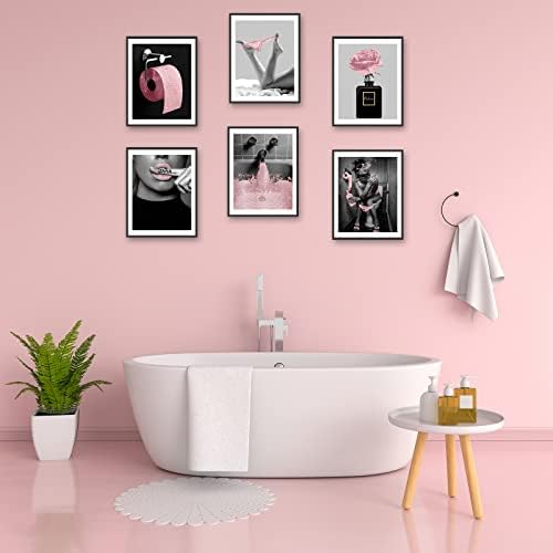 Impressão de arte de parede de banheiro da moda hoozgee Conjunto de decoração de 6 rosa GLAM