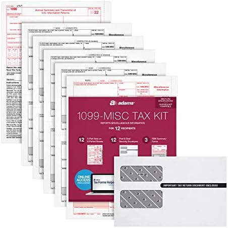 Adams 1099 Misc Forms 2022, kit de impostos para 12 destinatários, 5 partes do laser 1099 Forms, 3 1096, envelopes de self SEAL e