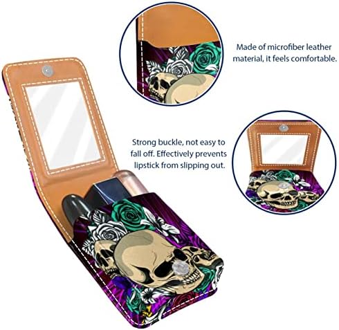Crânio fresco com fundo de folha roxa floral colorida pequena caixa de batom com espelho para bolsa, suporte de maquiagem cosmética de couro durável, kit de armazenamento cosmético de viagem portátil