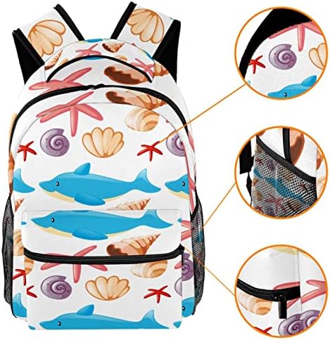 Cartoon Dolphins Seashells Starfish Pattern Backpack Moda grande bolsa de ombro leve de viagem encaixa 14 polegadas