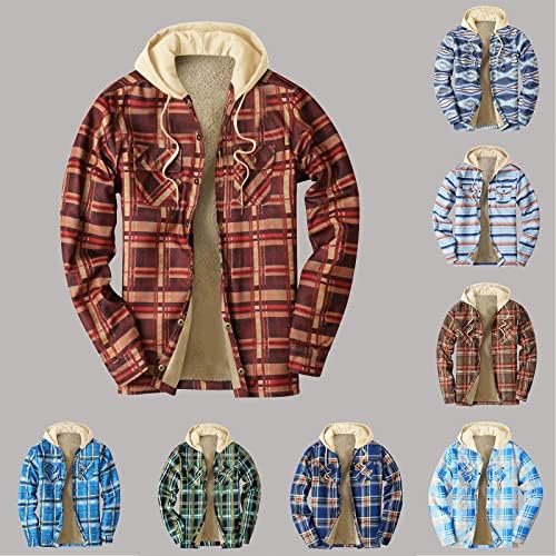 Jaquetas xadrez Zdfer para homens, camisa de flanela com capuz com capuz com capuz de capuz acolchoado casaco térmico Cardigan Outwear