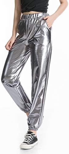 Zaxicht Womens Metallic Shiny Rogger Calça, Casual Coloque Harem Pant colorido Holográfico Hip Hop Streetwear