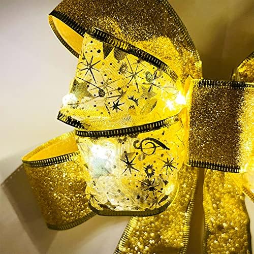 Christmas Gold Greath Greath Sexam com luzes LED, arcos de Natal de Organza iluminados, coragem de aranha floral com fio, artesanato DIY Bowknot para árvore de Natal, aniversário, feriado ao ar livre