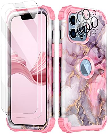 Miqala para iPhone 13 Pro Case com 2 Protetor de tela de vidro temperado+ 2 protetor de lente de câmera, mármore de três camadas PC+ Soft Silicone Protetive Women Girl Case para Apple iPhone 13 Pro, Pink