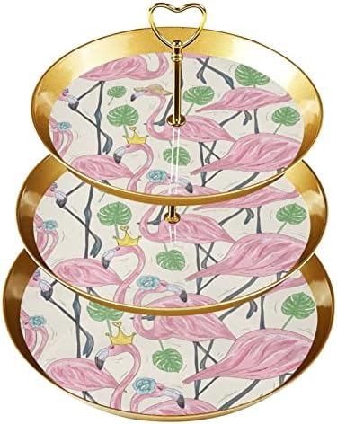 Conjunto de exibição de mesa de sobremesa, suporte de cupcakes de ouro, estandes de sobremesa, bandeja de porção de 3 camadas, suporte de bolo de xícara, suporte de bolo de casamento para mesa de sobremesa, cartoon flamingo monstera tropical