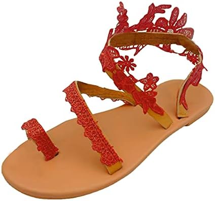 Flippers for Women Girls Girls Summer Sapatos planos femininos Sandálias de renda de flores de verão Aberto do dedo