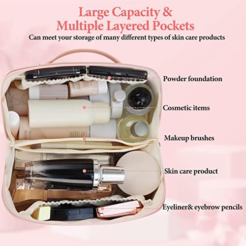 Bolsa cosmética de viagem de grande capacidade para mulheres com alça portátil, organizador de maquiagem multifuncional PU Saco de higienes de bolsa de maquiagem de couro PU para produtos de higiene pessoal cosméticos
