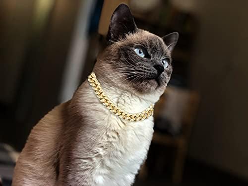 Halukakah Cat Collar - Icened Diamond Cuban Link Gold Chain para gatos e gatinhos - 18k Gold Bated 14 Tamanho do colarinho - apenas