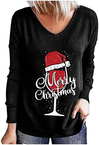 Feliz Natal T camisetas para mulheres de manga longa raglan vidro tinto de vidro gráfico de vidro gráfico Tops Treino casual