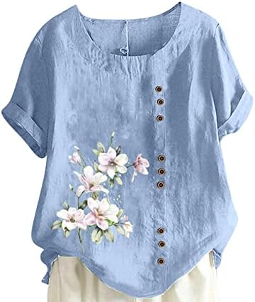 Tampa de manga curta para mulheres de bote linho de linho floral de grandes dimensões Bloups Tshirts Girls Button Up 2023