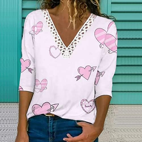 Camiseta de impressão do dia dos namorados para mulheres estampadas de coração elegante 3/4 túnica de túnica de túnica