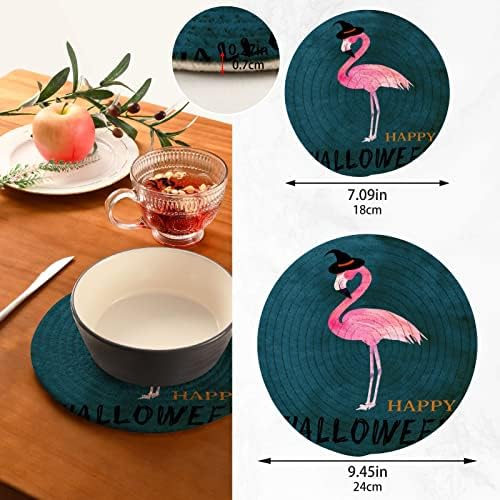 FLAMINGO Happy Halloween Trivets para pratos quentes portadores de maconha Conjunto de 2 peças Pads quentes para trivetes resistentes ao calor da cozinha para vasos quentes e frigideiras Placemats definidas para bancadas de cozinha Farmhouse