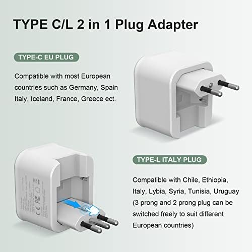 Adaptador europeu de plugue de viagens Adaptador de plugue internacional dobrável com USB-C, conversor de adaptador de plugue C/L