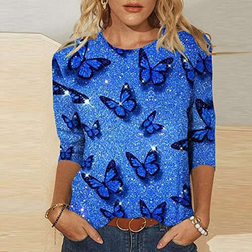 Tops fofos para mulheres 3/4 manga neon butterfly t-shirt de verão túnica túnica túnica de túnices ladras de blusa casual