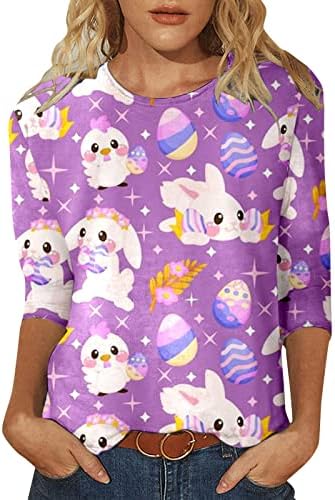 Camisa do coelho da Páscoa do verão diário feminino para mulheres fofas tampos impressos de manga comprida Terreira Tshirts 3/4