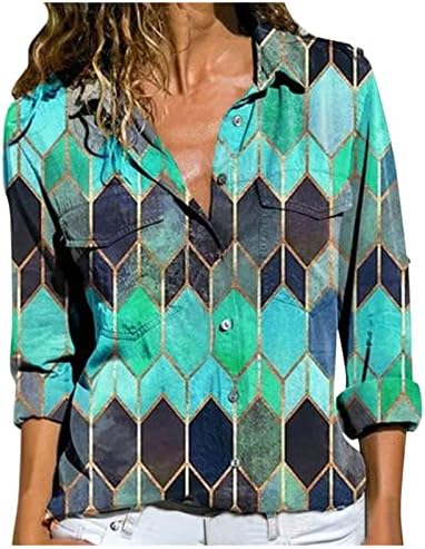 Camisa de bloco de cores geométricas para mulheres 2023 Spring Slave Button Down Down Fit Fit Size Size Moda saindo Tops