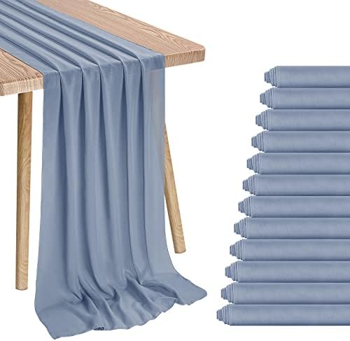12 PCs CHIFFON TABEL Runner de 10 pés de mesa de casamento corredor, 28x120 polegadas empoeirado azul romântico de mesa