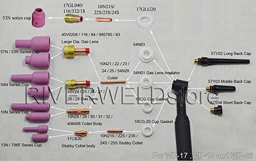 Riverweld 15pcs Tig Stubby Gas Lens Corpo 17GL116 10N23S 17GL332 10N24S Cup de cerâmica 53N59 53N61S Isoladores 17GLG20