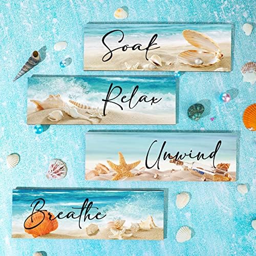 Yulejo 4 peças Ocean praia Decores de parede de banheiro de madeira Relaxe Soak Unpind Breathe Wall Art Banheiro Sinal