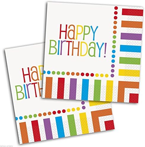 Guardanapos de papel de almoço de aniversário de arco -íris exclusivos, 6,5 x 6,5, multicolor